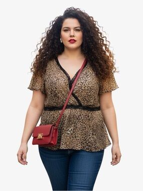 Lane Bryant Sheer Leopard Print Faux Wrap Blouse Lace Trim - Size 24